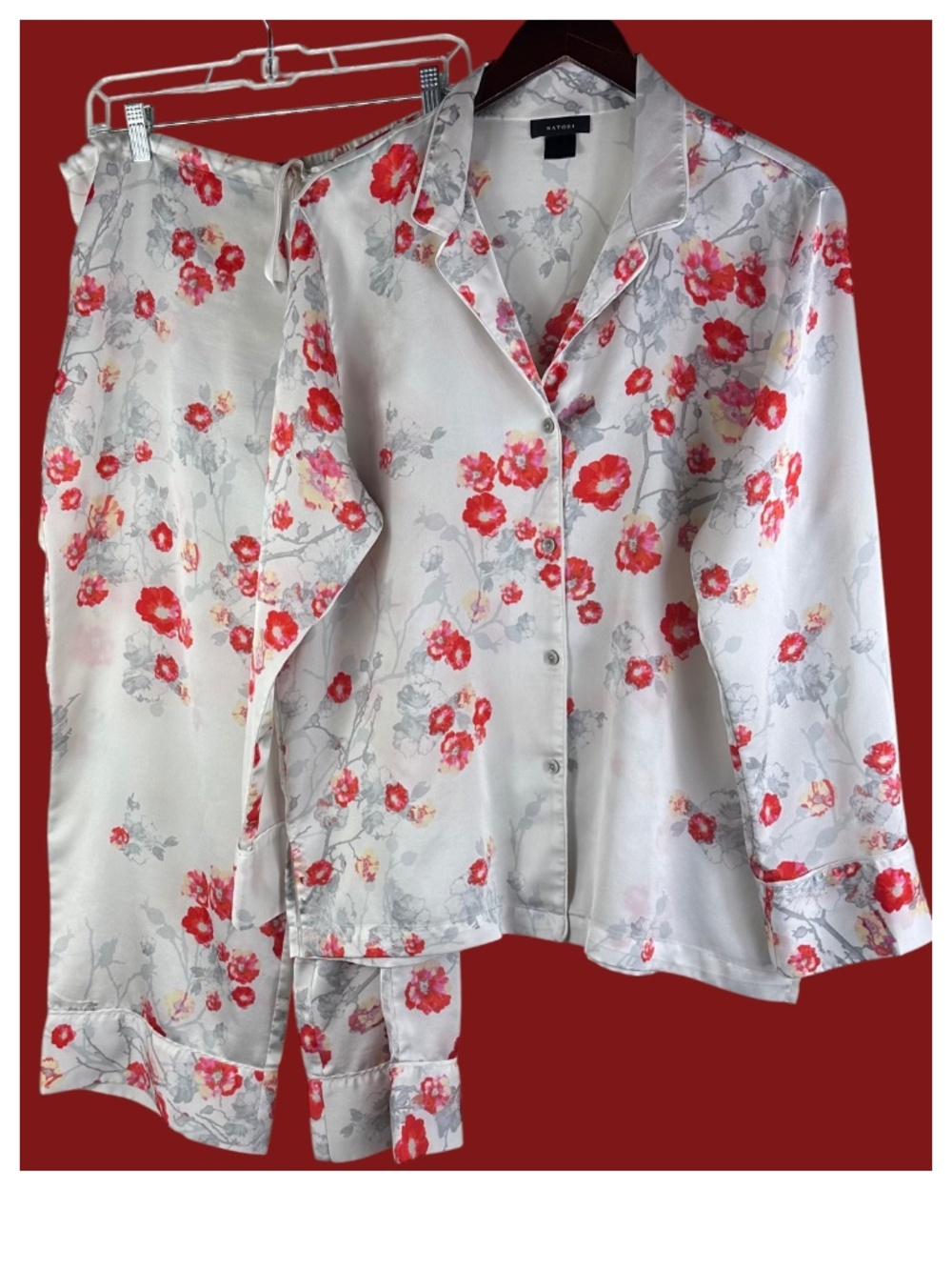 Natori Pajamas PJ Set 2 pc. Sz Large XL L/XL Satin Silky Floral Poppies Red - Picture 2 of 6